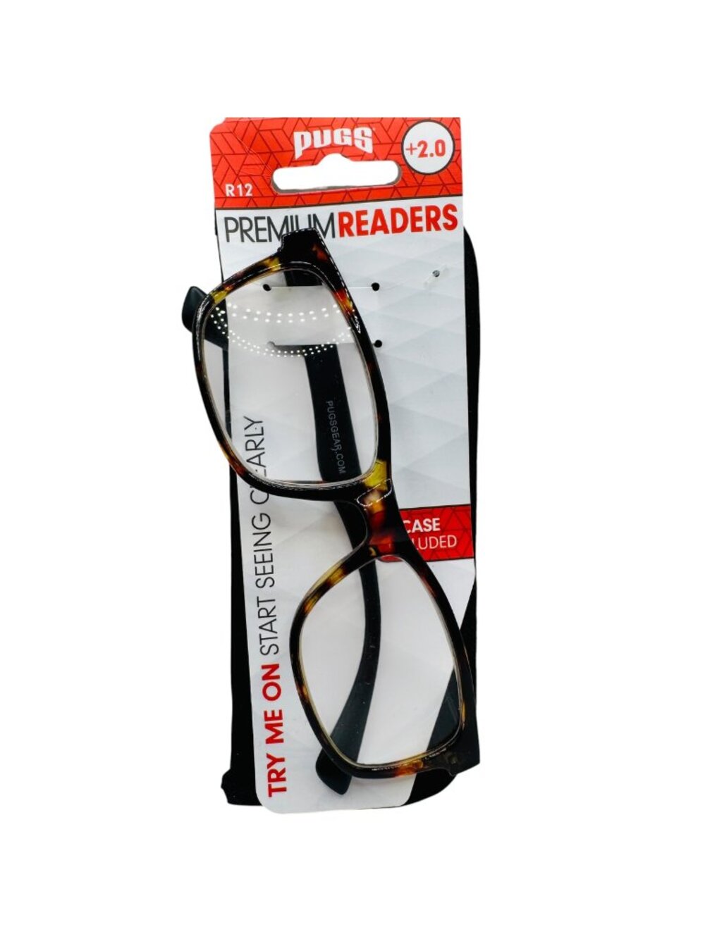 Pugs Premium Reading Glasses +2.0 Black & Tortoise Frame With Case Included